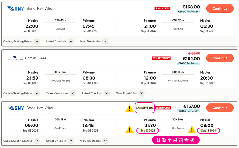 往返naples和palermo船班與票價