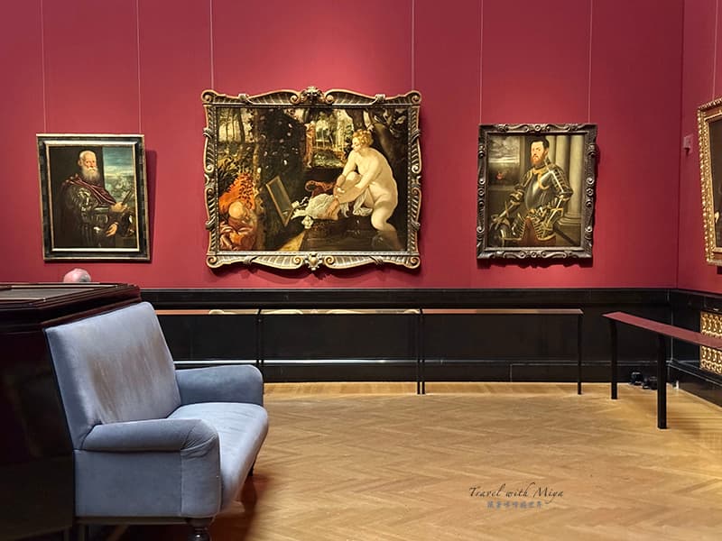維也納藝術史博物館 Kunsthistorisches Museum Vienna 1樓酒紅牆壁展廳與畫作