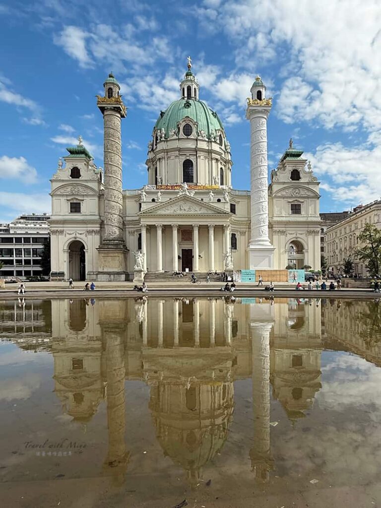 維也納卡爾教堂外觀與水池倒影-直式構圖