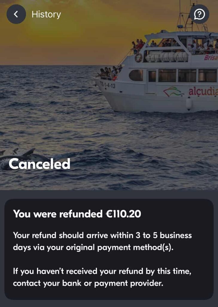 GetYourGuide 馬略卡島賞鯨遊船取消內容