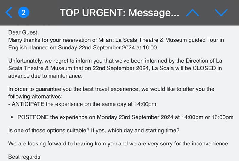 米蘭史卡拉歌劇院與博物館導覽遊行程異動郵件通知