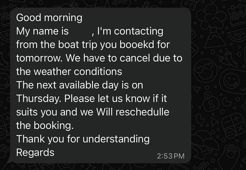 馬略卡島賞海豚遊船行程通知天氣因素取消郵件