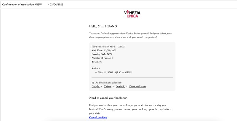 2026威尼斯官方寄發的入城付費預訂確認信件