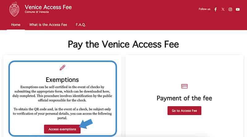 2026年威尼斯入城費頁面-提出豁免選項