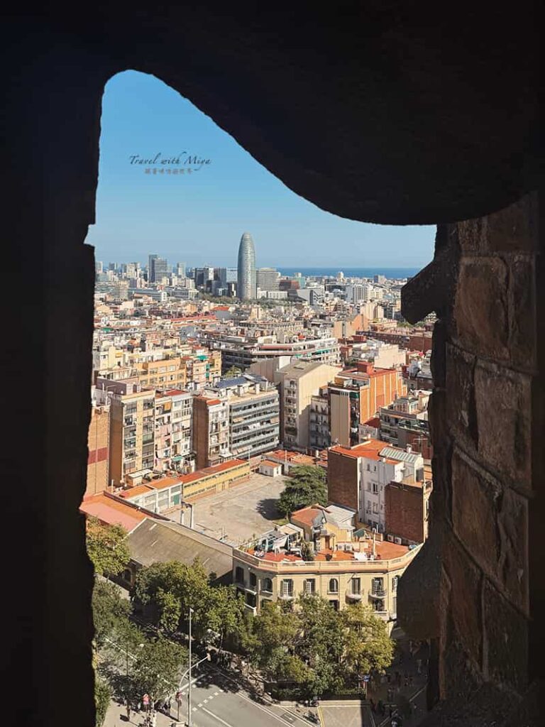 聖家堂誕生立面登塔的巴塞羅納隆納市景和遠方藍色海岸